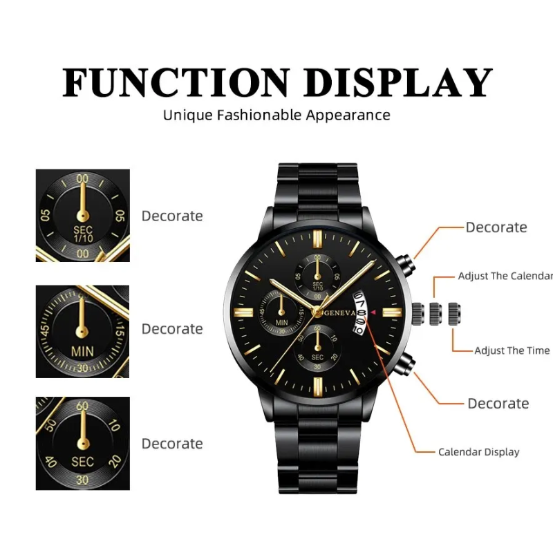 Luxury Black Stainless Steel Quartz Watch for Men