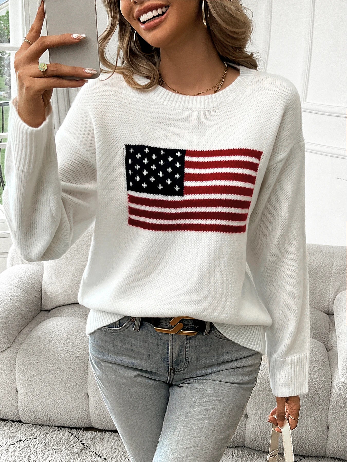 Free Shipping! I American Flag Crew Neck Sweater