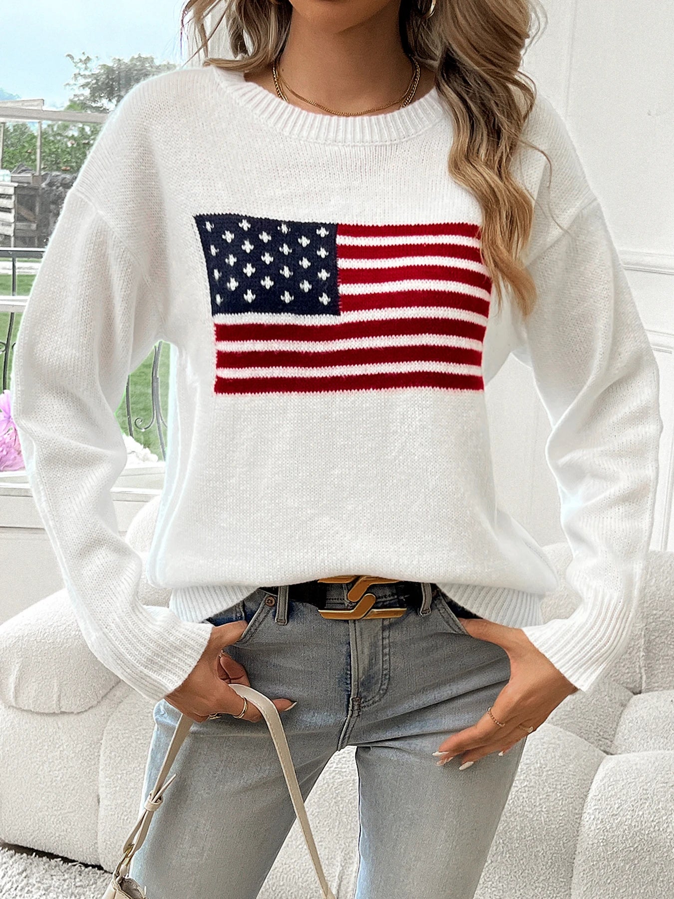 Free Shipping! I American Flag Crew Neck Sweater