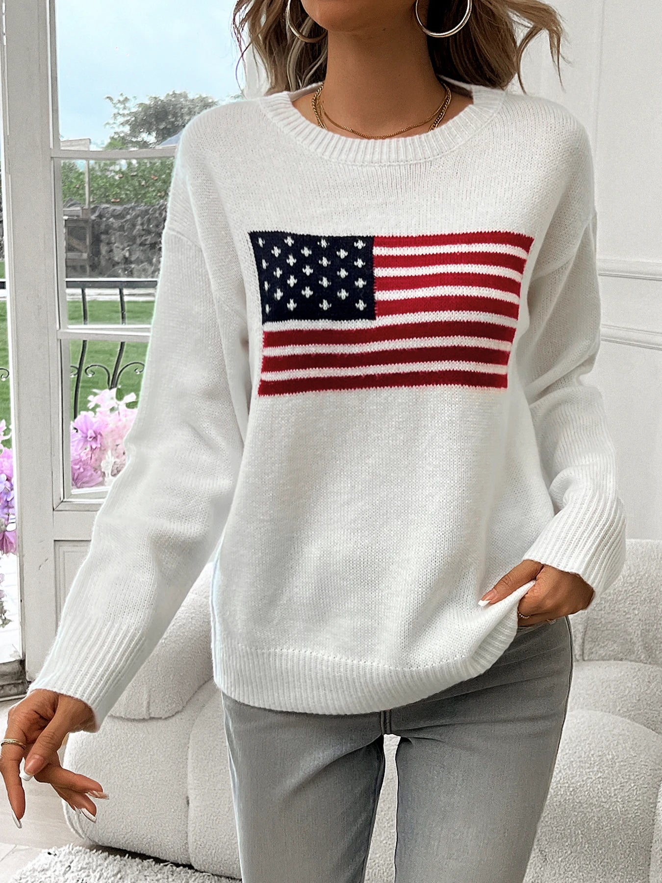 Free Shipping! I American Flag Crew Neck Sweater