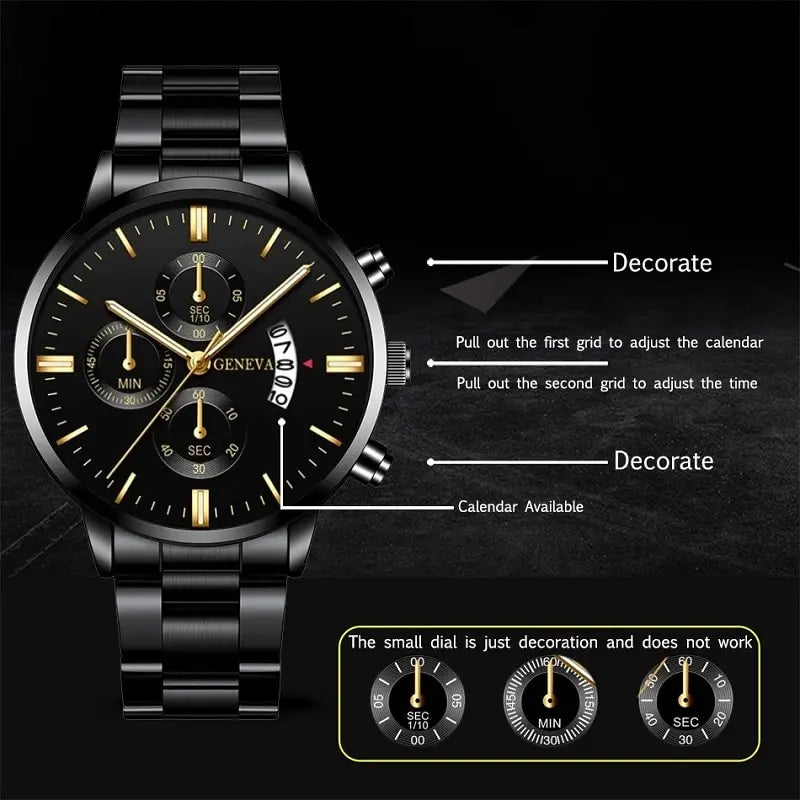 Luxury Black Stainless Steel Quartz Watch for Men