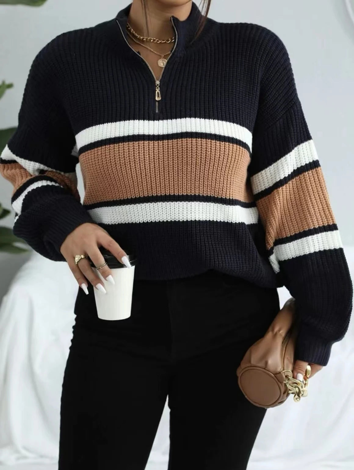 Free Shipping! I Striped Zip-Up Sweater