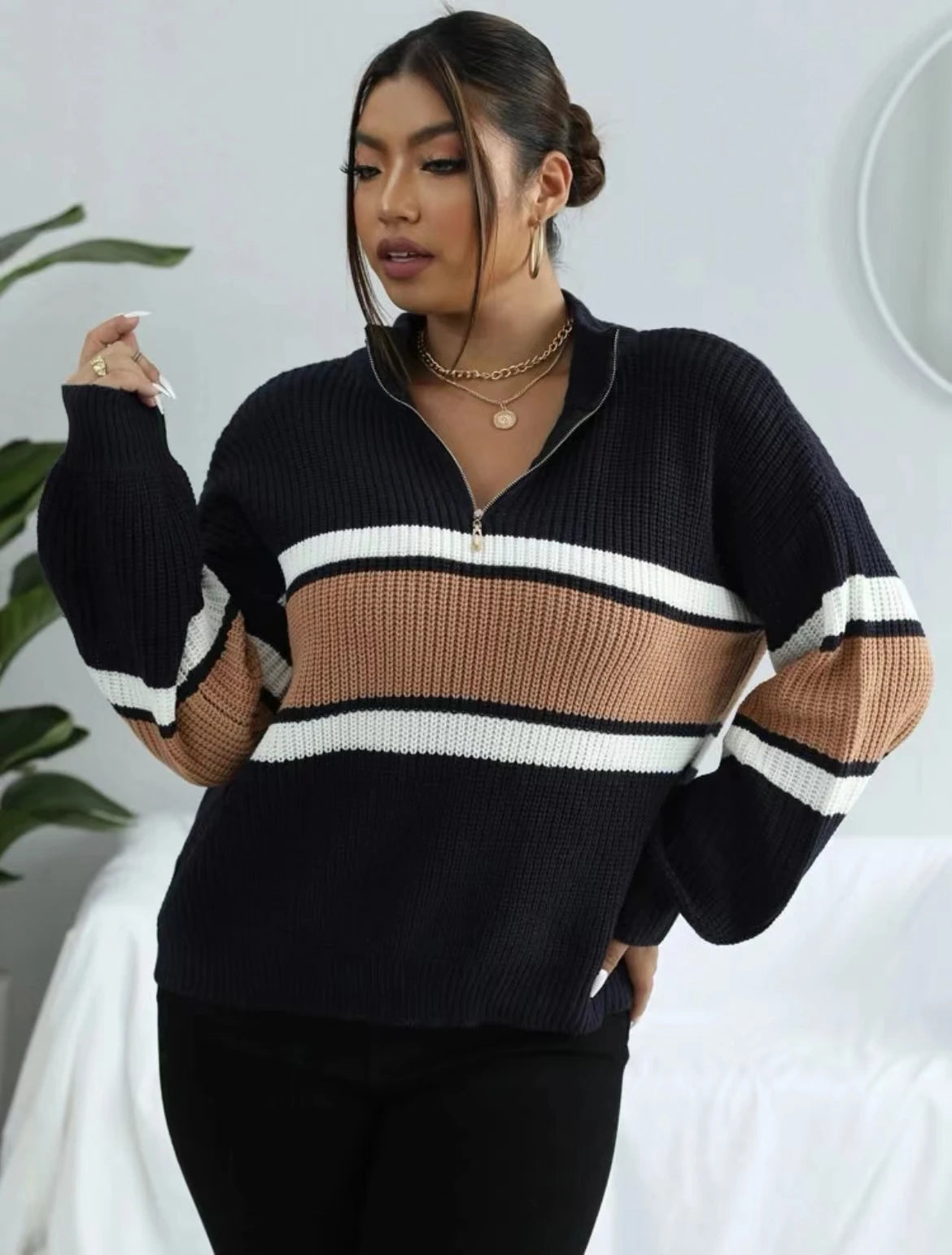 Free Shipping! I Striped Zip-Up Sweater