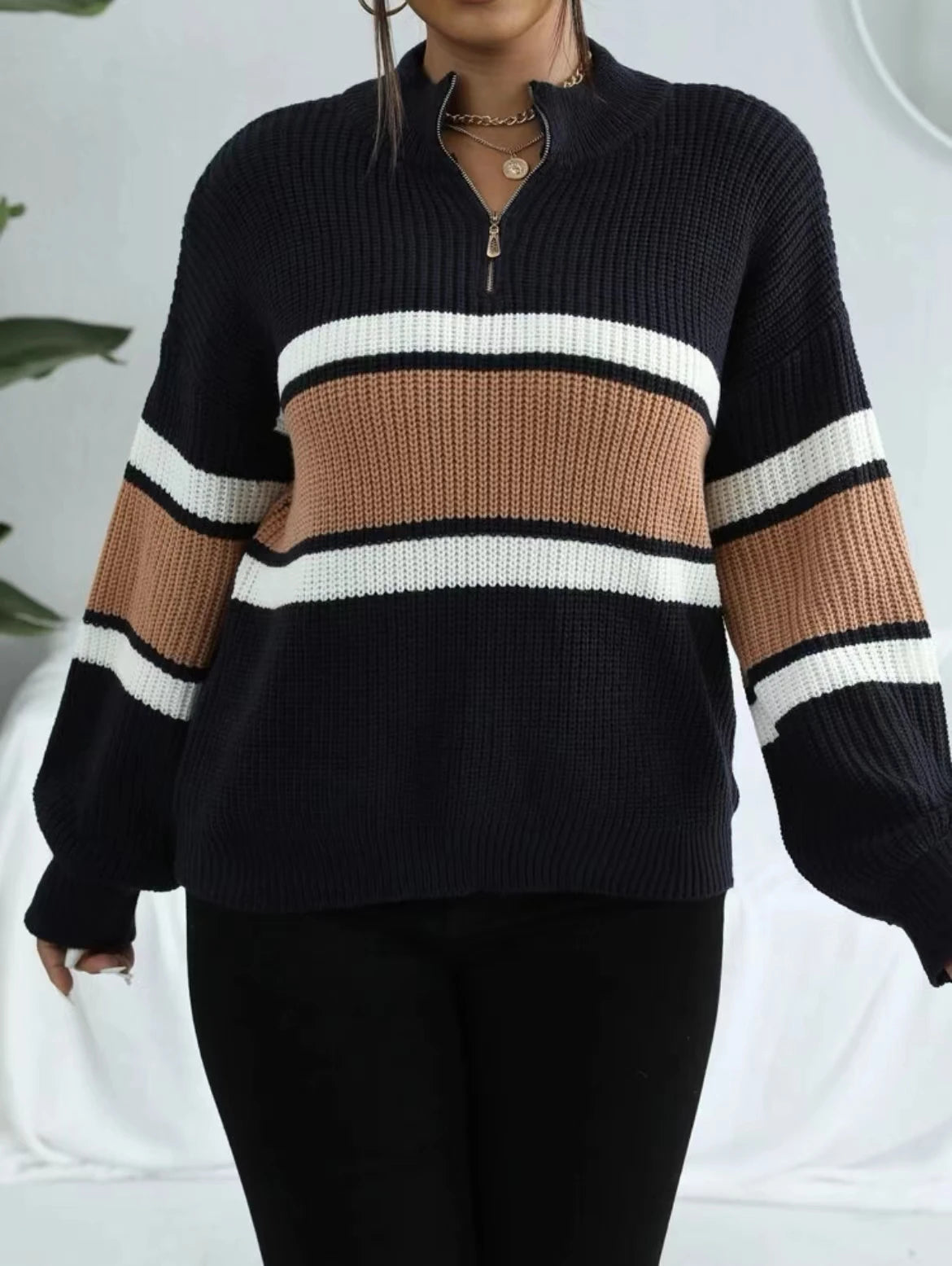 Free Shipping! I Striped Zip-Up Sweater